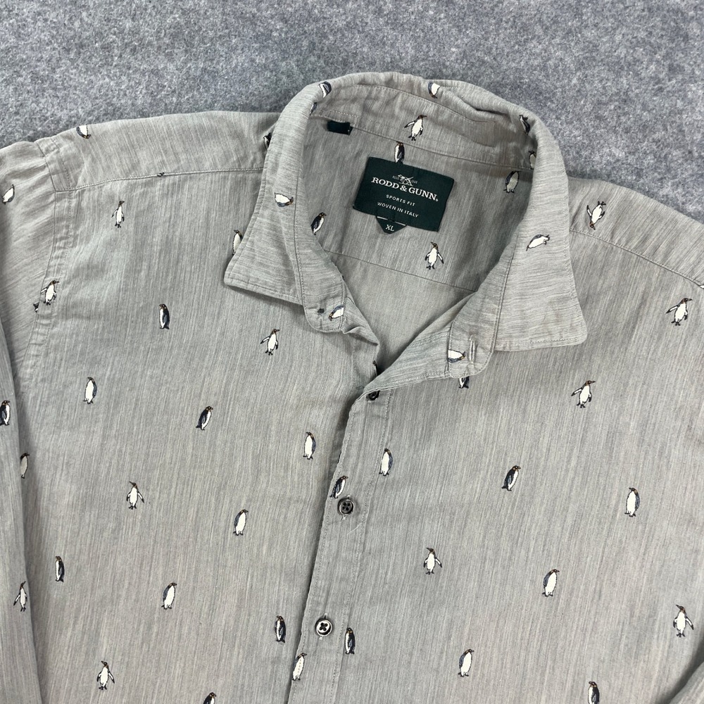 Rodd And Gunn Mens Button Down Shirt XL Gray Penguin Print Long Sleeve Woven